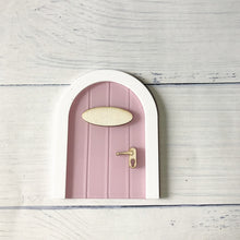 Load image into Gallery viewer, Mini Fairy door Hand Made Cute pink Mouse hole, miniature wooden door with bunting and personalised sign post
