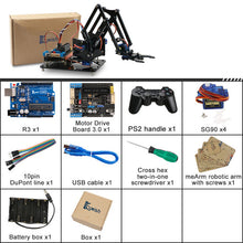 Load image into Gallery viewer, 4DOF DIY Robot Arm Kit Educational Robotics Claw Set Mechanical Arm for Arduino R3,PS2/2.4G Wireless Control,Scracth Programming
